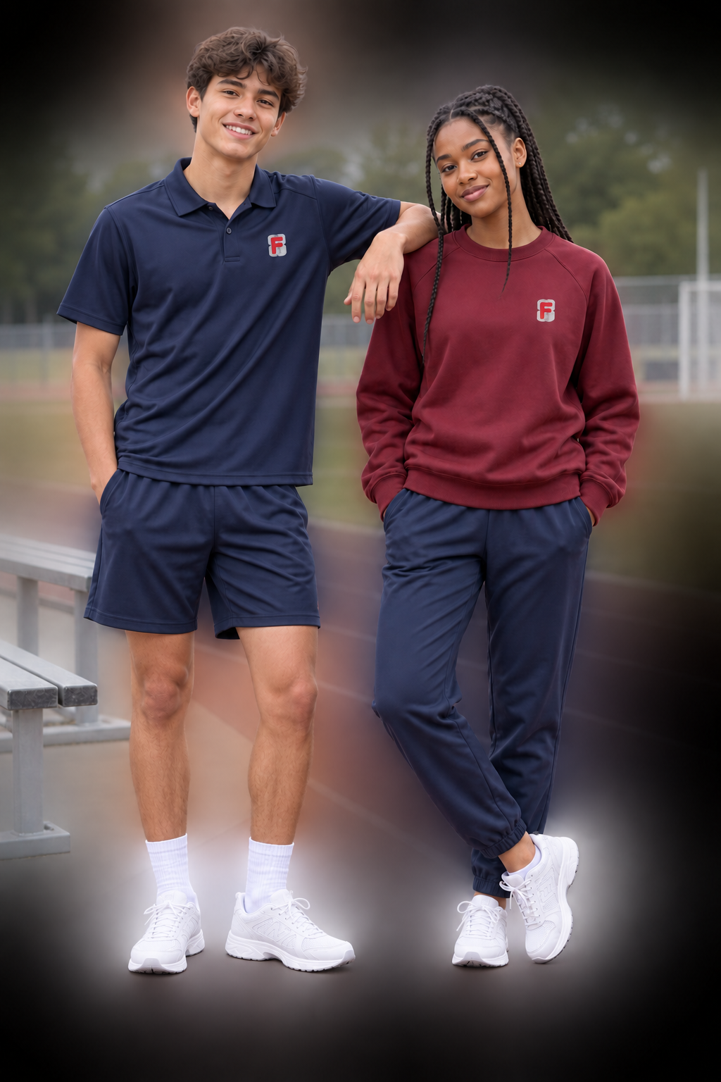 Two students in coordinated school sportswear with the LOUISILAN F badge